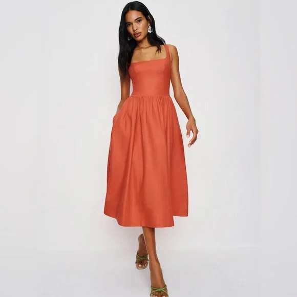 NEW Reformation Janu Midi Linen Dress Red Coral Orange | US 0 UK 4 - Picture 5 of 16
